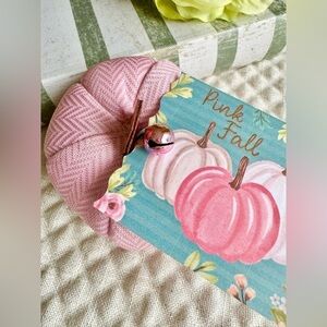 New Halloween Autumn Pink Fall Herringbone Fabric Pumpkin w/ Tag & Bell - 3.25"